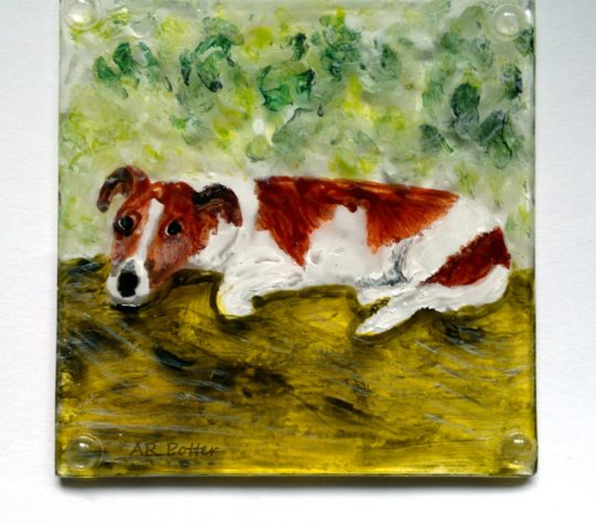 Pet portrait on a glass coaster of a Jack Russell