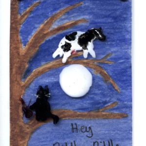 A miniature painting based on the nursery rhyme hey diddle diddle, with a cat and cow