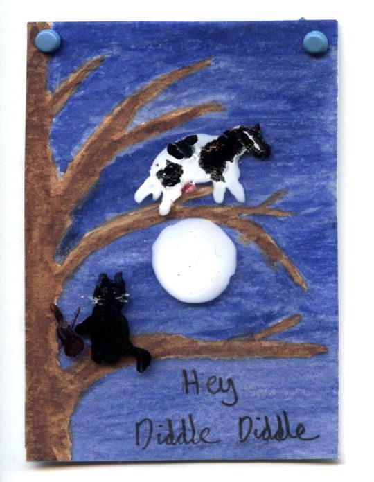 A miniature painting based on the nursery rhyme hey diddle diddle, with a cat and cow