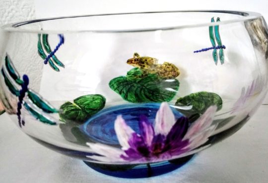 Frog and Lillies Glass Bowl hand painted