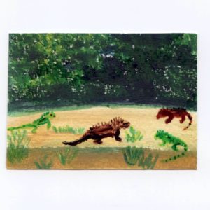 An Iguana meeting! Mixed media miniature acrylic and glass painting