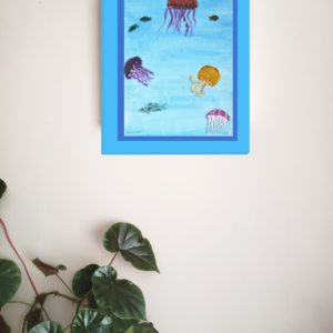 Jellyfish seaside wall art print with jellyfish and fishes swimming in a blue sea