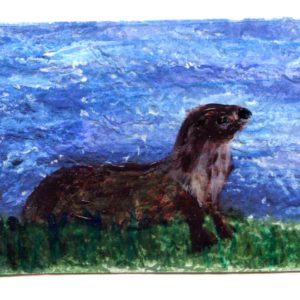 Mixed media miniature painting with an otter on teh riverbank