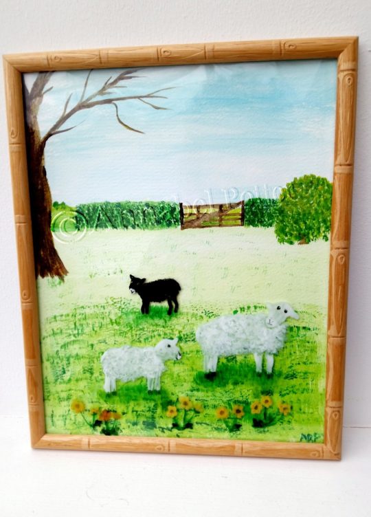 Original painting of 2 white sheep and a black lamb in a field
