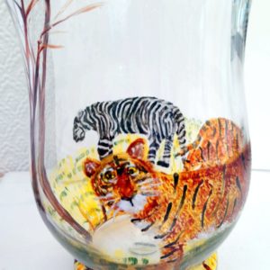 Glass vase with tigers, hand painted
