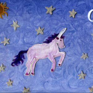 Painting with a Unicorn in the sky with silver stars, a sun and moon