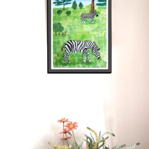 Wildlife art print with zebras on grass and trees