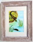 Acrylic and glass painting of an alligator on the shore and another in the water with his head showing.