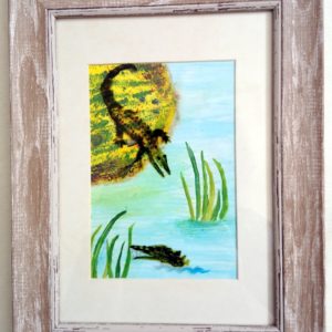 Acrylic and glass painting of an alligator on the shore and another in the water with his head showing.