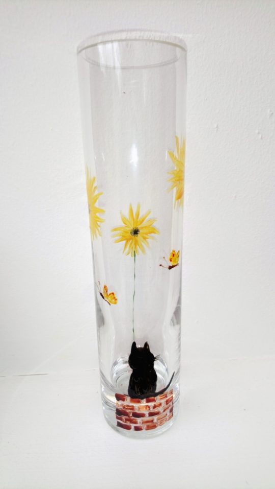 Bud vase with a black cat, sunflowers and butterflies