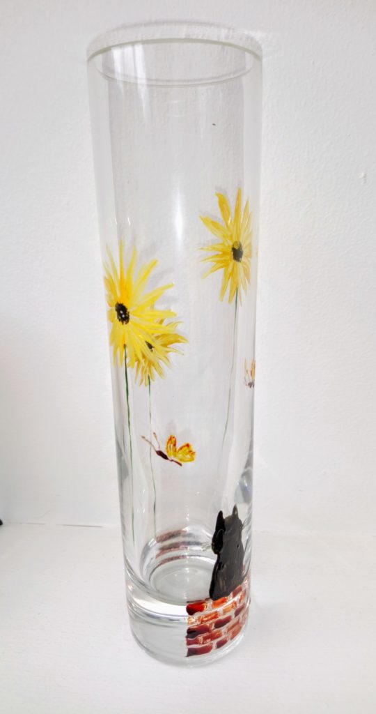 Sunflower bud vase side view with black cat and butterflies