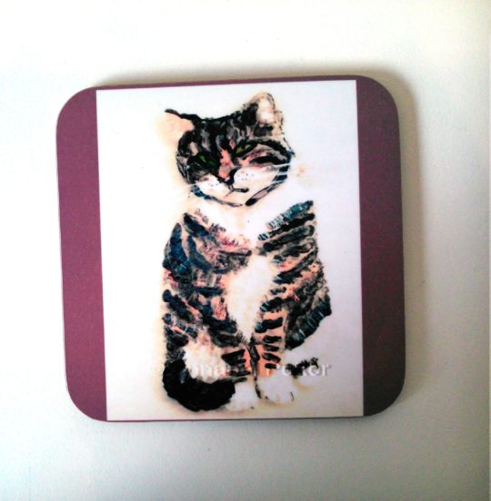 Coaster with a tabby cat
