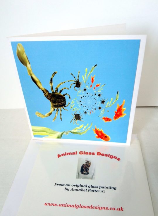Greeting card with an abstract rock pool image with crabs and fish