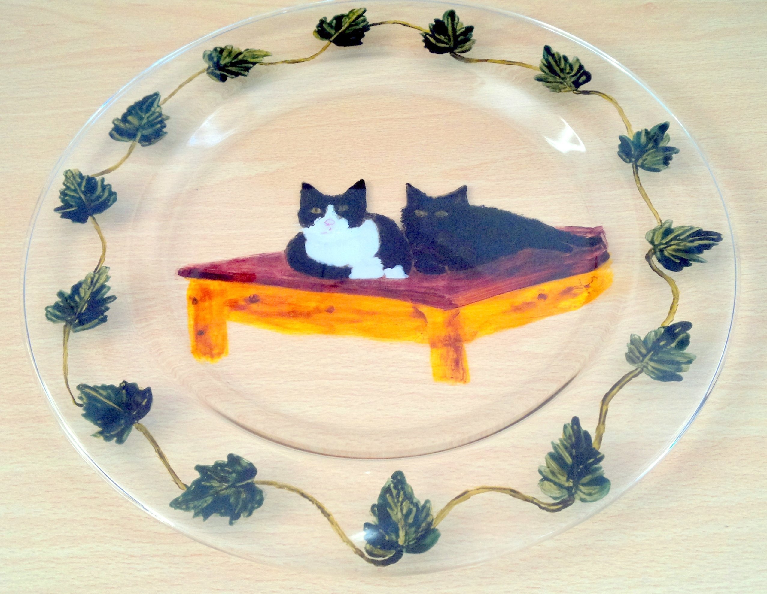 Cat pet portrait glass painting on a glass plate