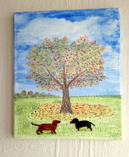 Watercolour and Glass Painting on canvas with Daschund Dogs below an Autumn Tree