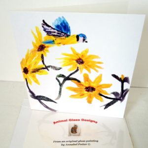 Square greeting card with sunflowers and a Blue Tit illustration