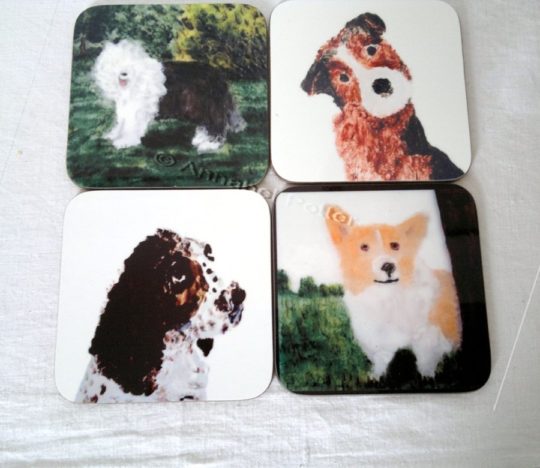 set of four dog coasters with an Old English Sheepdog, Terrier, Springer Spaniel, Corgi