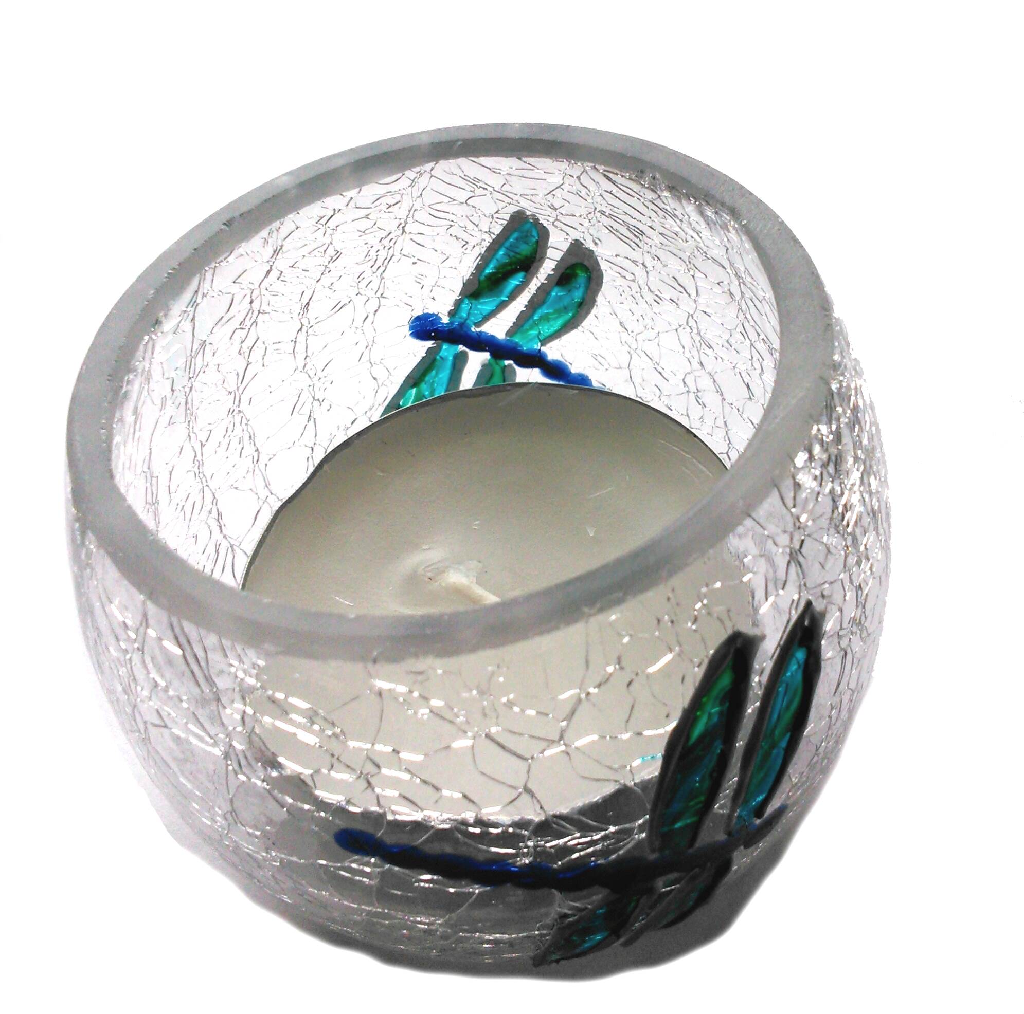 Crackle tealight holder with turquoise dragonfly