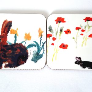 Floral rabbit coasters with rabbits and Daffodils or Poppies