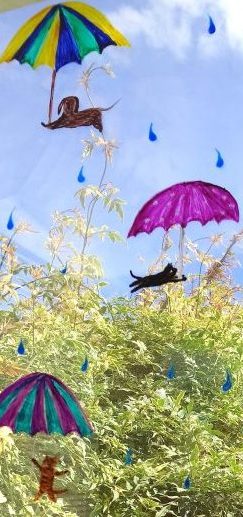 Cats and Dogs Painting with raindrops and umbrellas, in a Window