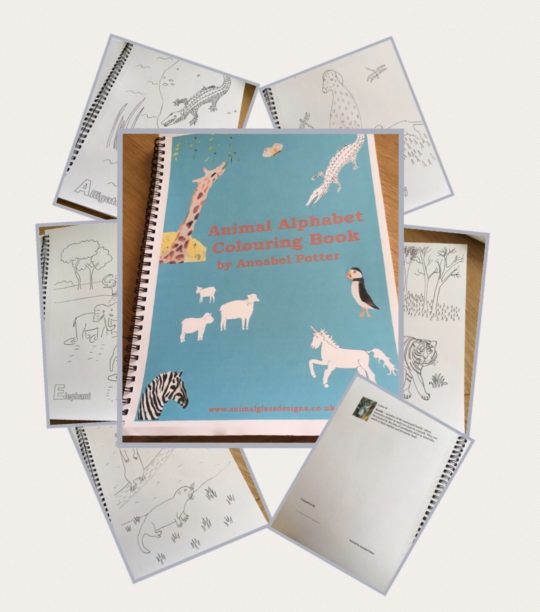Animal Alphabet colouring book with inside page examples