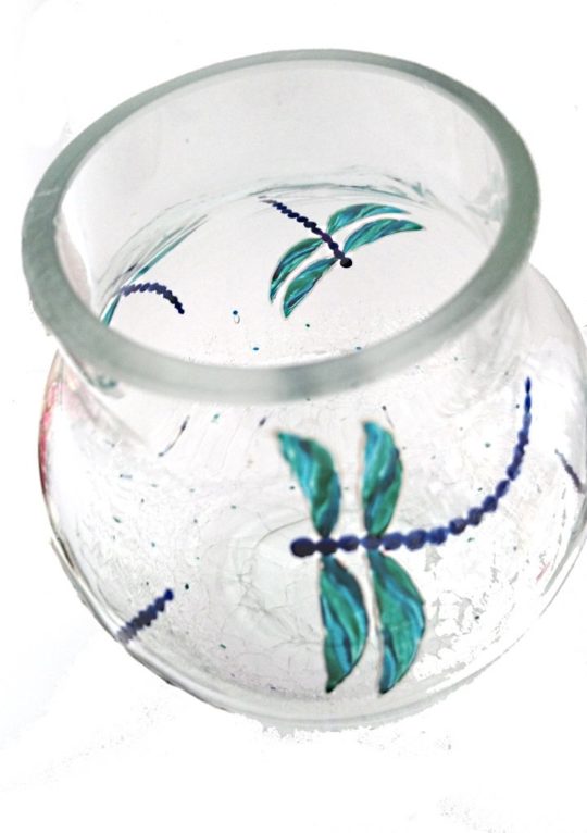 Dragonfly crackle vase hand painted, photograph from above