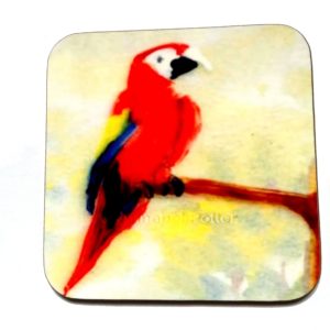 Parrot coaster with a wooden back and painting of a Macaw perched on a branch.