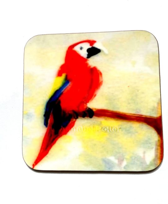 Parrot coaster with a wooden back and painting of a Macaw perched on a branch.