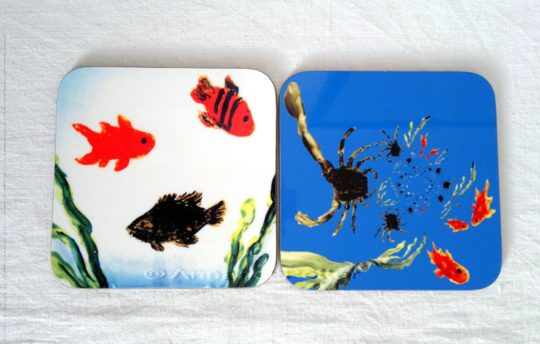 Seaside coaster set with an abstract crab image and fish