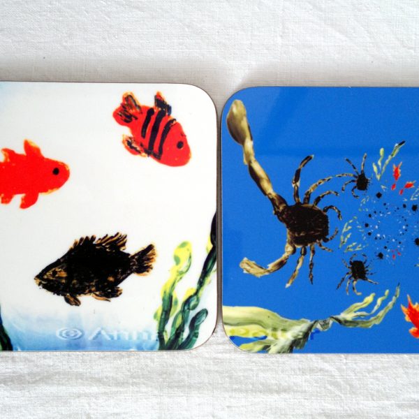 Seaside coaster set with an abstract crab image and fish