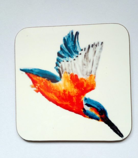 Kingfisher coasters with artwork of a kingfisher in flight