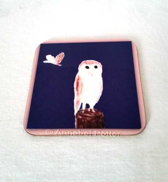Barn Owl coaster with artwork of an owl perched and anotehr barn owl flying off in the distance