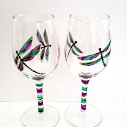 Hand painted wine glasses with purple and green dragonfly