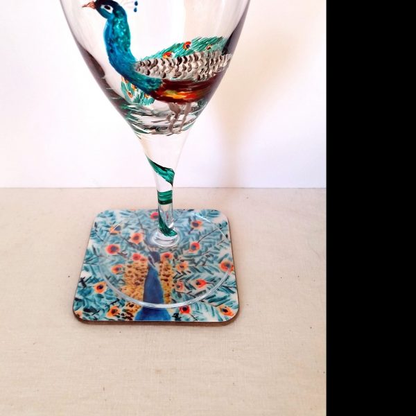 Peacock wine glass and coaster set