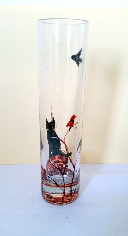 Black cat winter vase glass painting with two birds and a black cat