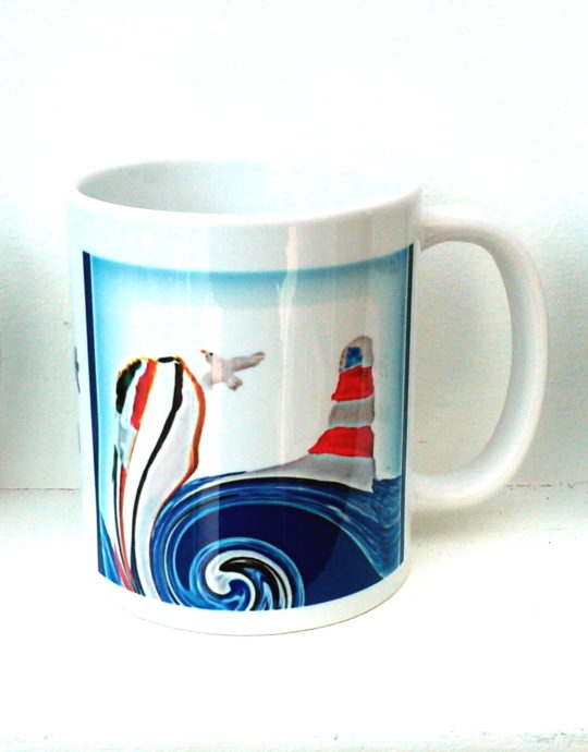 Mug with a sailing boat and lighthouse in an abstract style
