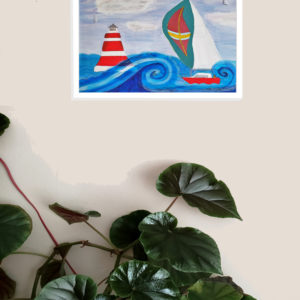 Nautical print with a sailing boat in a wave and a lighthouse