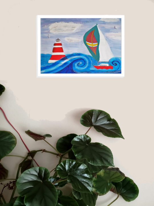 Nautical print with a sailing boat in a wave and a lighthouse