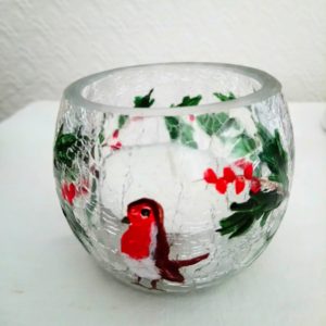 Glass Christmas candle holder hand painted with a robin and holly