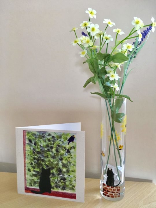 Cute black cat card with a cat vase glass painting