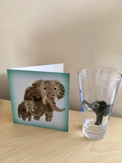 Greeting card with two elephants photographed with an elephant glass painting