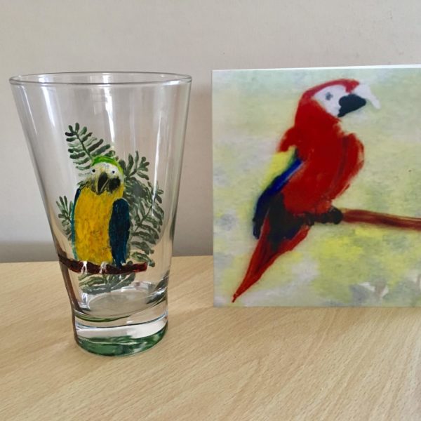 Macaw parrot card photographed with an original parrot glass paintnig