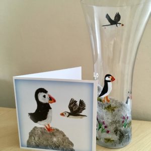 Puffin greeting card photographed with a puffin vase glass painting