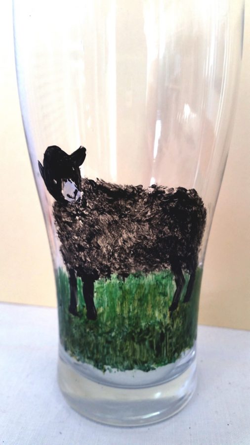 Black Sheep glass painting on a pint glass