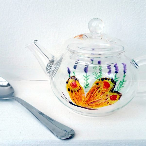 Small glass teapot hand painted with butterfly and lavender
