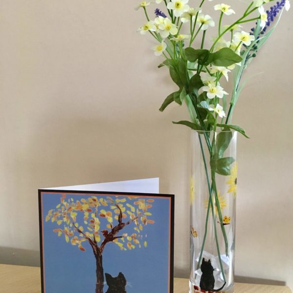 Autumn tree cat card with a hand painted cat vase