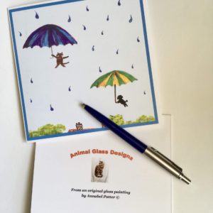 Greeting card with raining cat and dog with umbrellas