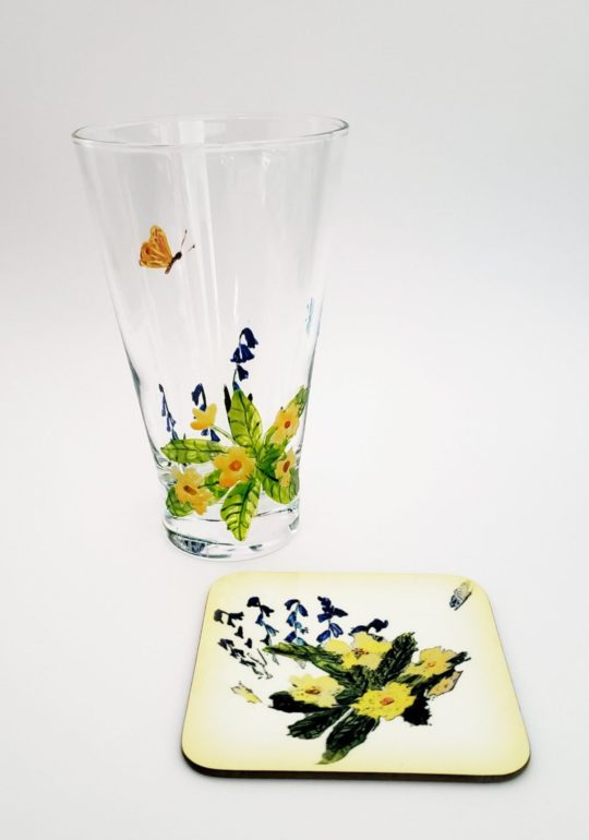 Spring Glass and coaster set with primroses, bluebells and butterfly