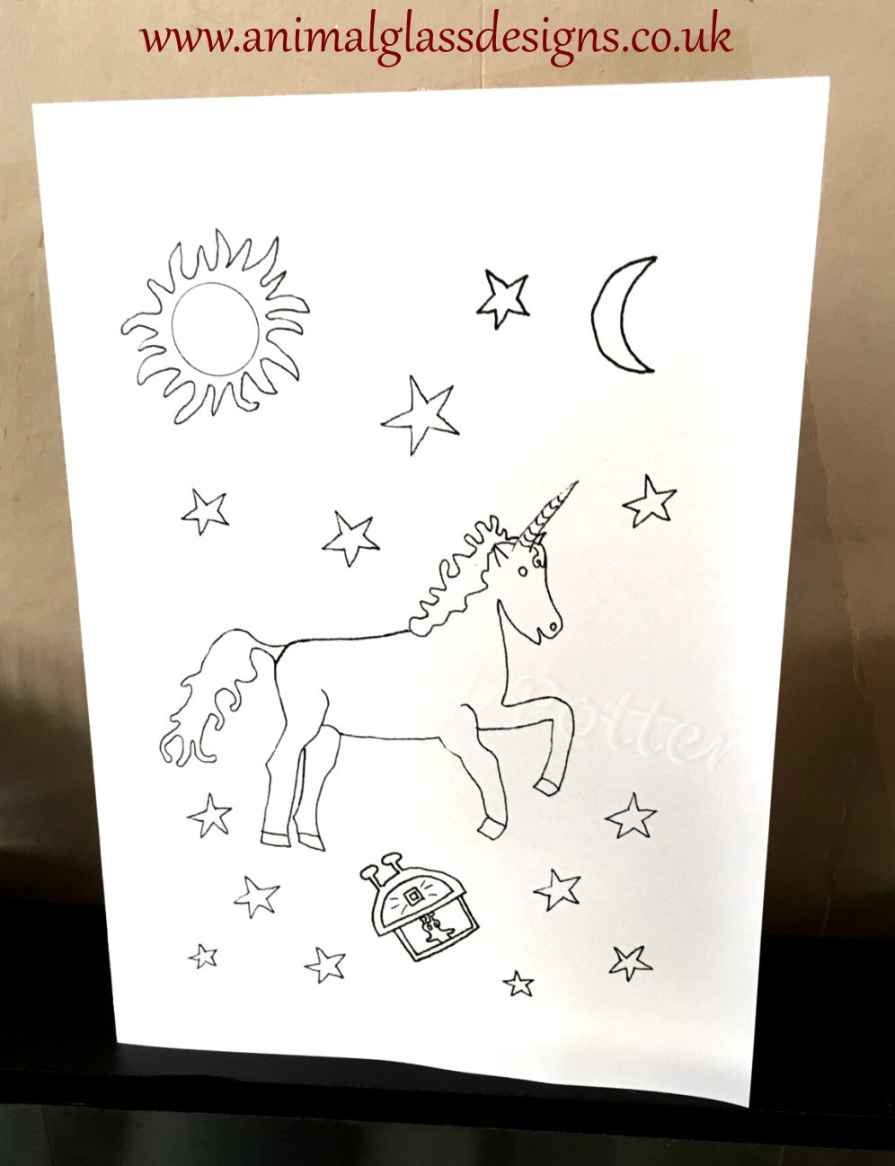 Unicorn Sun Stars Colouring Card Download – Animal Glass Designs