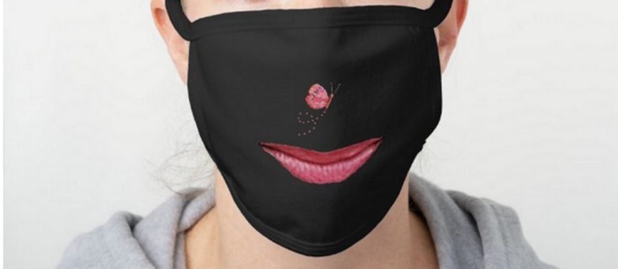 Designer face mask in black with lips and a butterfly nose